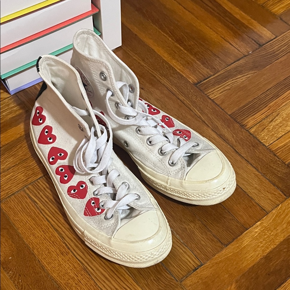 Comme de Garcon Converse White High-Tops with Red Heart Accents